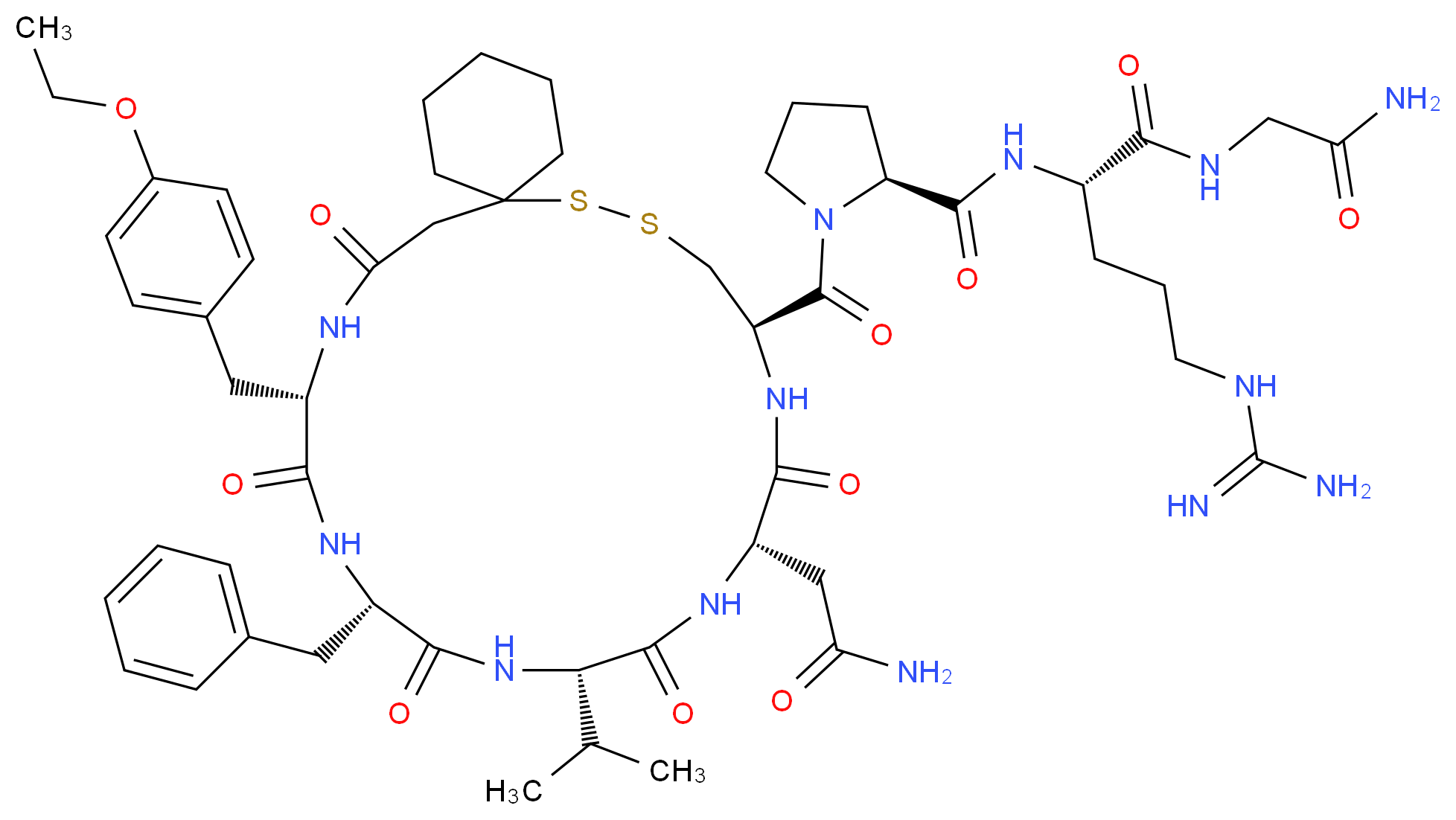 (2S)-2-{[(2S)-1-[(10R,13S,16S,19S,22S)-19-benzyl-13-(carbamoylmethyl)-22-[(4-ethoxyphenyl)methyl]-12,15,18,21,24-pentaoxo-16-(propan-2-yl)-7,8-dithia-11,14,17,20,23-pentaazaspiro[5.19]pentacosane-10-carbonyl]pyrrolidin-2-yl]formamido}-5-carbamimidamido-N-(carbamoylmethyl)pentanamide_分子结构_CAS_77453-01-1