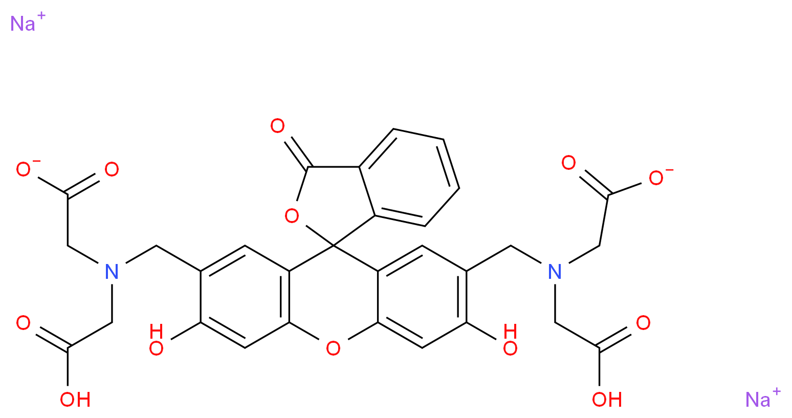 disodium 2-[(7'-{[(carboxylatomethyl)(carboxymethyl)amino]methyl}-3',6'-dihydroxy-3-oxo-3H-spiro[2-benzofuran-1,9'-xanthene]-2'-ylmethyl)(carboxymethyl)amino]acetate_分子结构_CAS_108750-13-6