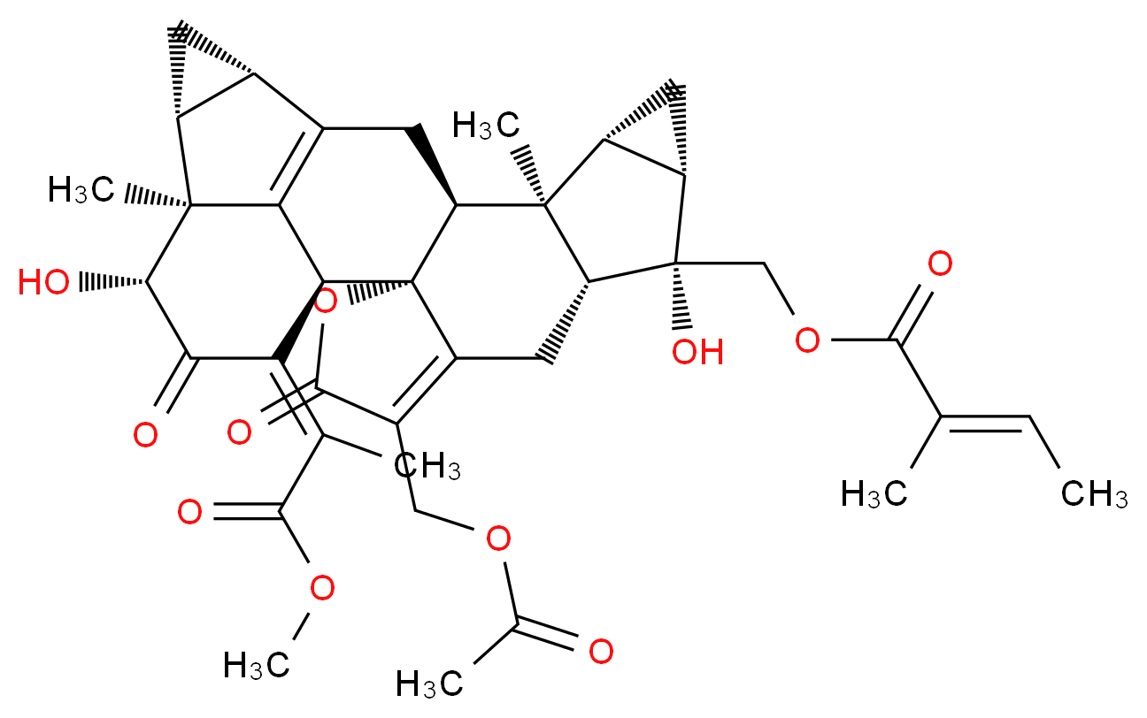 [(1R,2S,8R,9S,10S,12R,13S,14S,17S,19R,20S,21R,23Z)-5-[(acetyloxy)methyl]-9,21-dihydroxy-23-(1-methoxy-1-oxopropan-2-ylidene)-13,20-dimethyl-4,22-dioxo-3-oxaoctacyclo[14.7.1.0<sup>2</sup>,<sup>6</sup>.0<sup>2</sup>,<sup>1</sup><sup>4</sup>.0<sup>8</sup>,<sup>1</sup><sup>3</sup>.0<sup>1</sup><sup>0</sup>,<sup>1</sup><sup>2</sup>.0<sup>1</sup><sup>7</sup>,<sup>1</sup><sup>9</sup>.0<sup>2</sup><sup>0</sup>,<sup>2</sup><sup>4</sup>]tetracosa-5,16(24)-dien-9-yl]methyl (2E)-2-methylbut-2-enoate_分子结构_CAS_943136-39-8