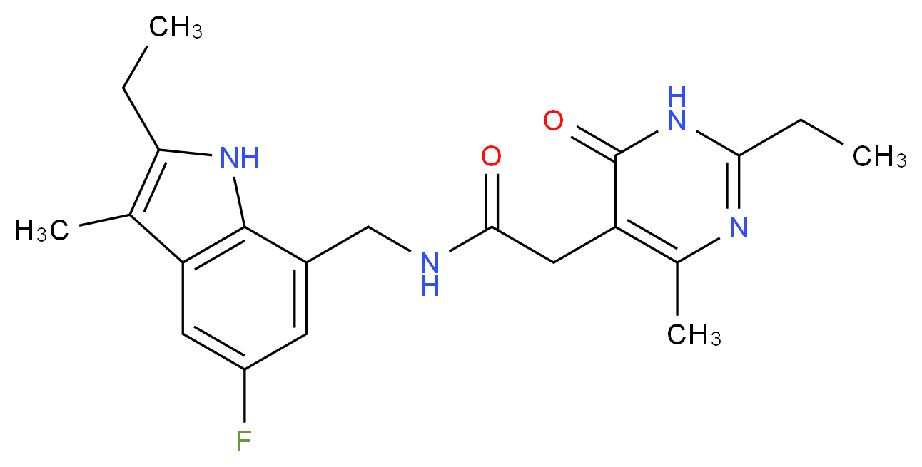 N-[(2-ethyl-5-fluoro-3-methyl-1H-indol-7-yl)methyl]-2-(2-ethyl-4-methyl-6-oxo-1,6-dihydropyrimidin-5-yl)acetamide_分子结构_CAS_)
