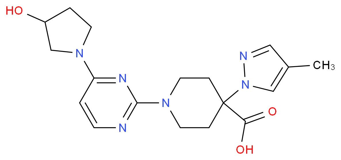 1-[4-(3-hydroxypyrrolidin-1-yl)pyrimidin-2-yl]-4-(4-methyl-1H-pyrazol-1-yl)piperidine-4-carboxylic acid_分子结构_CAS_)