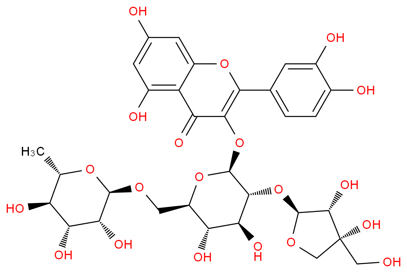 3-{[(2S,3R,4S,5S,6R)-3-{[(2S,3R,4R)-3,4-dihydroxy-4-(hydroxymethyl)oxolan-2-yl]oxy}-4,5-dihydroxy-6-({[(2R,3R,4R,5R,6S)-3,4,5-trihydroxy-6-methyloxan-2-yl]oxy}methyl)oxan-2-yl]oxy}-2-(3,4-dihydroxyphenyl)-5,7-dihydroxy-4H-chromen-4-one_分子结构_CAS_63947-67-1