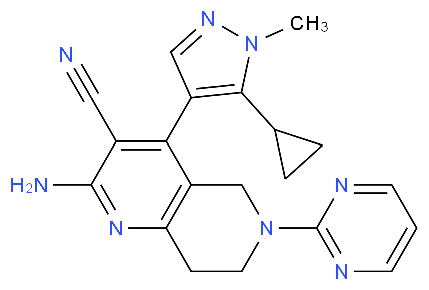 2-amino-4-(5-cyclopropyl-1-methyl-1H-pyrazol-4-yl)-6-(2-pyrimidinyl)-5,6,7,8-tetrahydro-1,6-naphthyridine-3-carbonitrile_分子结构_CAS_)