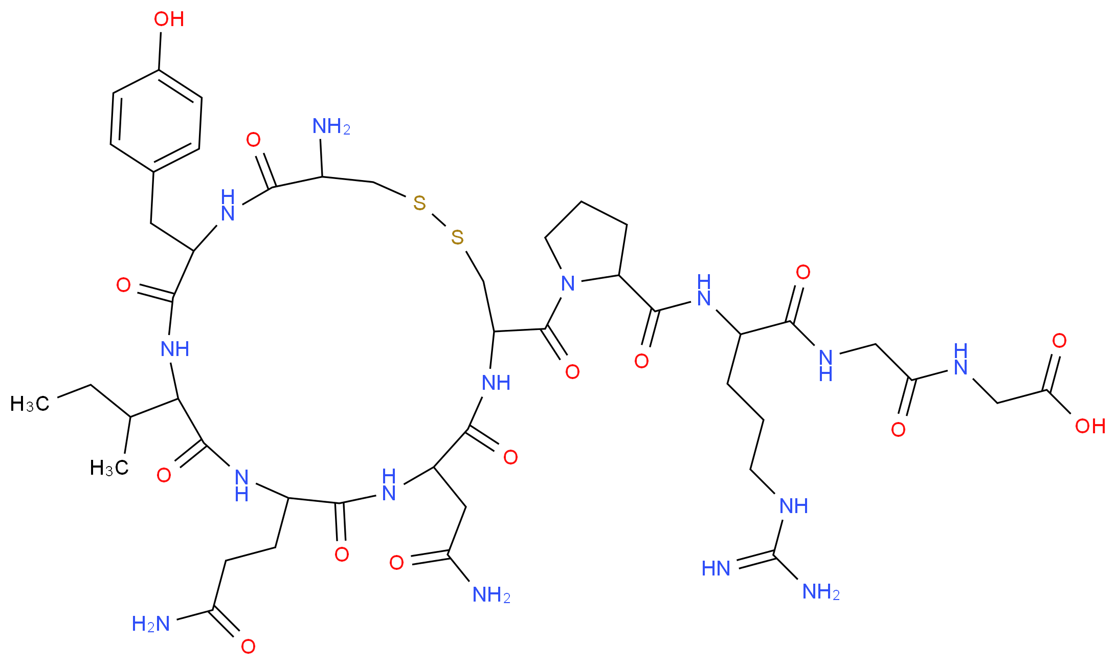 2-{2-[2-({1-[19-amino-13-(butan-2-yl)-10-(2-carbamoylethyl)-7-(carbamoylmethyl)-16-[(4-hydroxyphenyl)methyl]-6,9,12,15,18-pentaoxo-1,2-dithia-5,8,11,14,17-pentaazacycloicosane-4-carbonyl]pyrrolidin-2-yl}formamido)-5-carbamimidamidopentanamido]acetamido}acetic acid_分子结构_CAS_122842-55-1