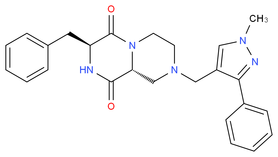 (3S,9aR)-3-benzyl-8-[(1-methyl-3-phenyl-1H-pyrazol-4-yl)methyl]tetrahydro-2H-pyrazino[1,2-a]pyrazine-1,4(3H,6H)-dione_分子结构_CAS_)