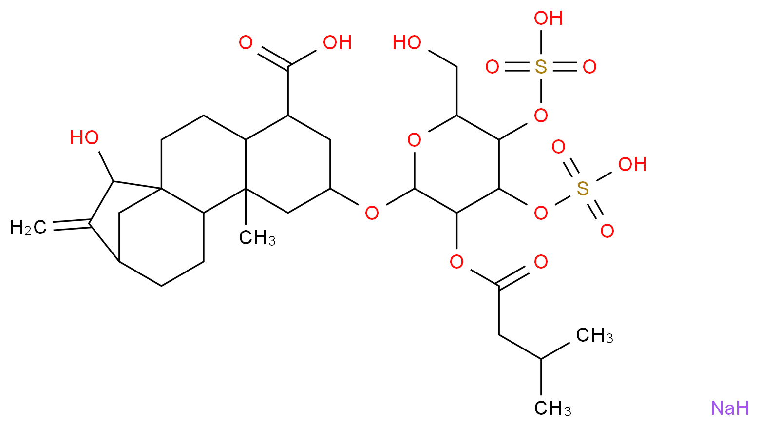 15-hydroxy-7-{[6-(hydroxymethyl)-3-[(3-methylbutanoyl)oxy]-4,5-bis(sulfooxy)oxan-2-yl]oxy}-9-methyl-14-methylidenetetracyclo[11.2.1.0<sup>1</sup>,<sup>1</sup><sup>0</sup>.0<sup>4</sup>,<sup>9</sup>]hexadecane-5-carboxylic acid sodium_分子结构_CAS_100938-11-2