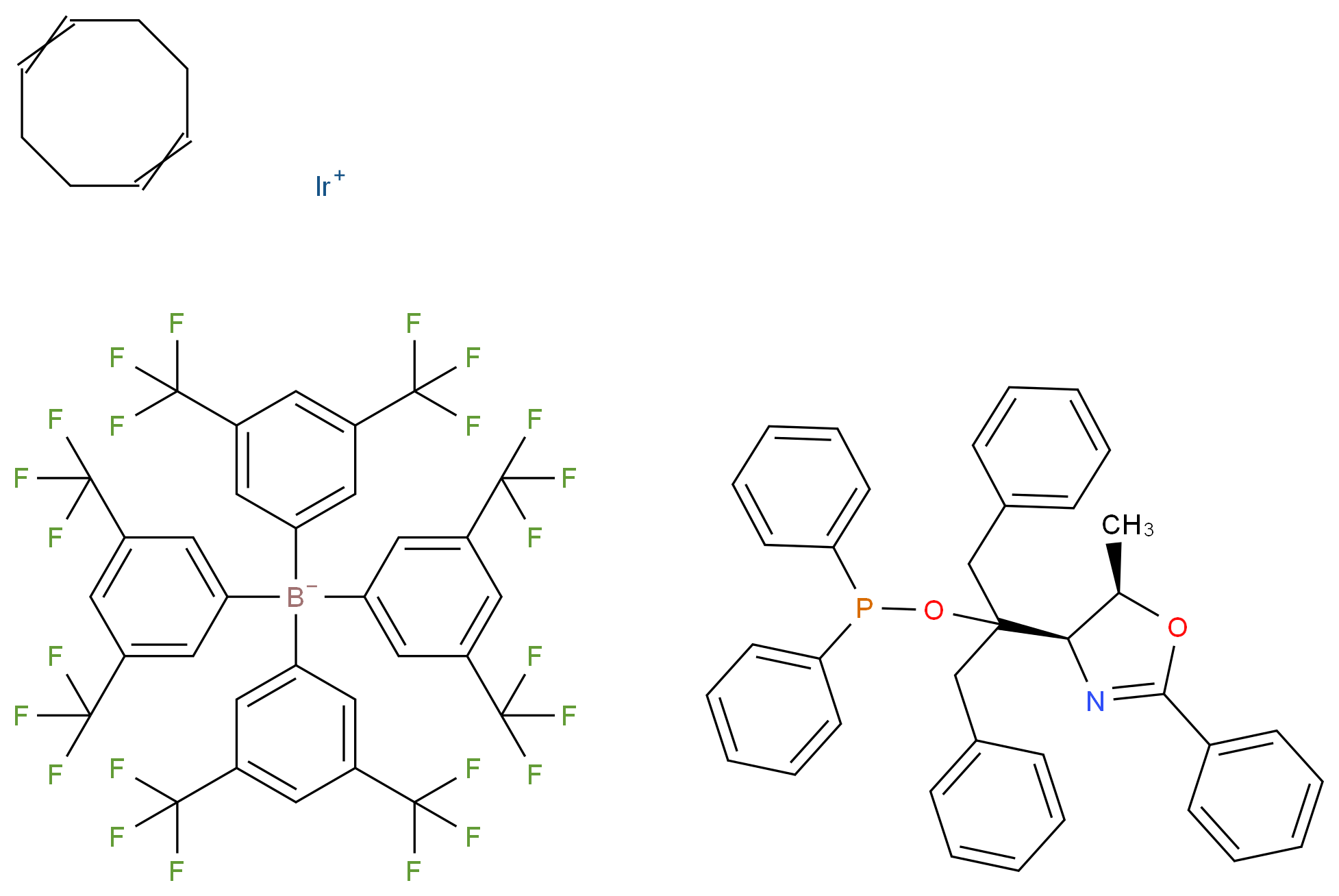 1,5-Cyclooctadiene{[dibenzyl((4R,5R)-5-methyl-2-phenyl-4,5-dihydro-4-oxazolyl)methyl]diphenylphosphinite κN:κP}iridium(I) tetrakis(3,5-bis(trifluoromethyl)phenyl)borate_分子结构_CAS_880262-16-8)