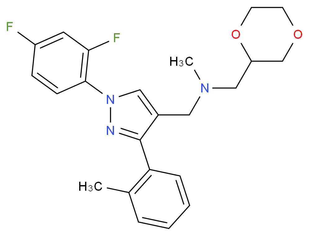 1-[1-(2,4-difluorophenyl)-3-(2-methylphenyl)-1H-pyrazol-4-yl]-N-(1,4-dioxan-2-ylmethyl)-N-methylmethanamine_分子结构_CAS_)