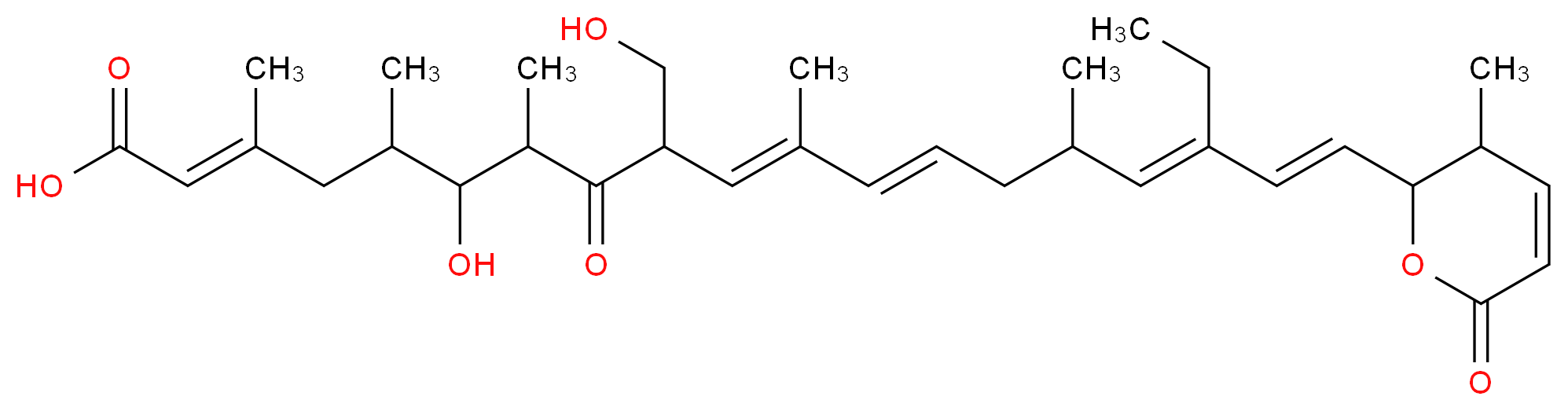 (2E,10E,12E,16E,18E)-17-ethyl-6-hydroxy-9-(hydroxymethyl)-3,5,7,11,15-pentamethyl-19-(3-methyl-6-oxo-3,6-dihydro-2H-pyran-2-yl)-8-oxononadeca-2,10,12,16,18-pentaenoic acid_分子结构_CAS_92090-94-3