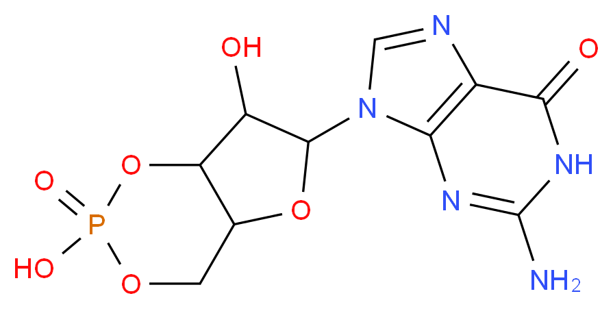2-amino-9-(2,7-dihydroxy-2-oxo-hexahydro-1,3,5,2$l^{5}-furo[3,2-d][1,3,2$l^{5}]dioxaphosphinin-6-yl)-6,9-dihydro-1H-purin-6-one_分子结构_CAS_7665-99-8