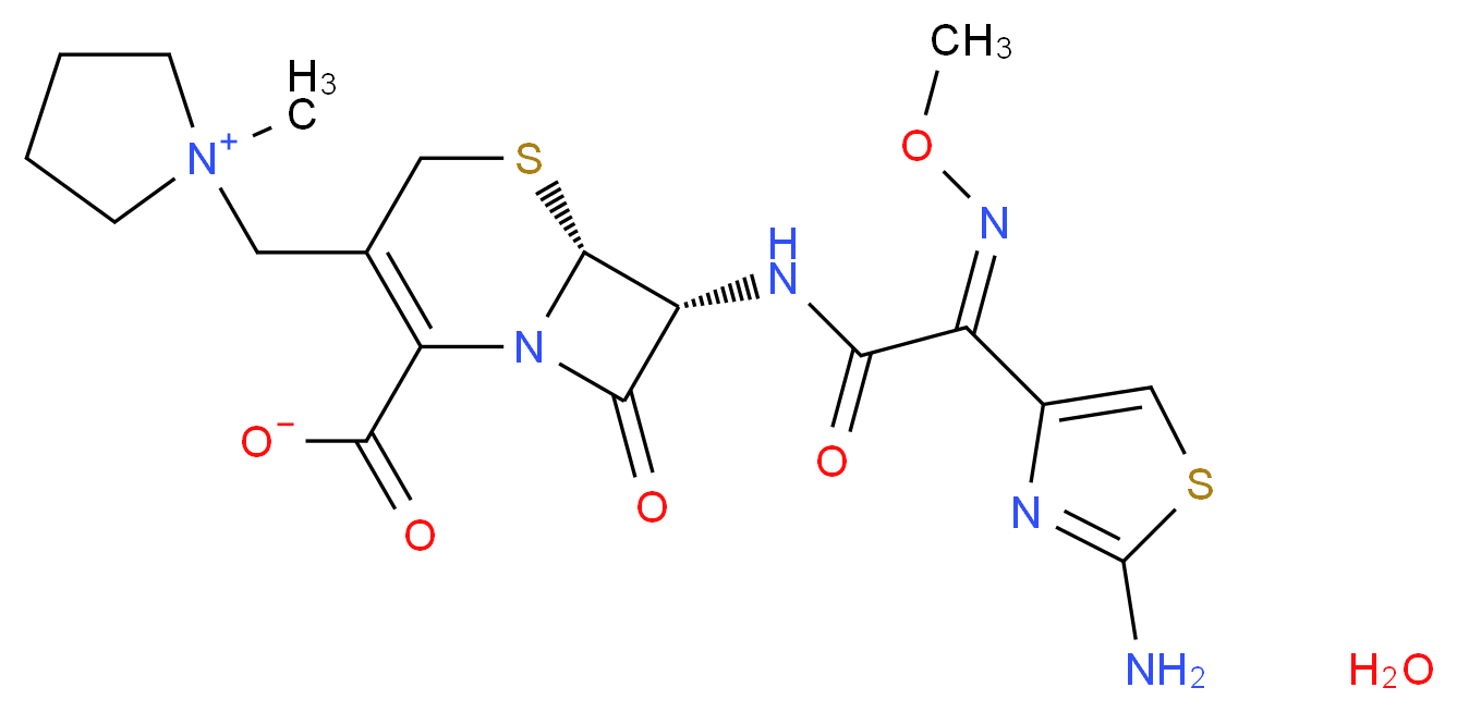 1-{[(6R,7R)-7-[(2Z)-2-(2-amino-1,3-thiazol-4-yl)-2-(methoxyimino)acetamido]-2-carboxylato-8-oxo-5-thia-1-azabicyclo[4.2.0]oct-2-en-3-yl]methyl}-1-methylpyrrolidin-1-ium hydrate_分子结构_CAS_123171-59-5