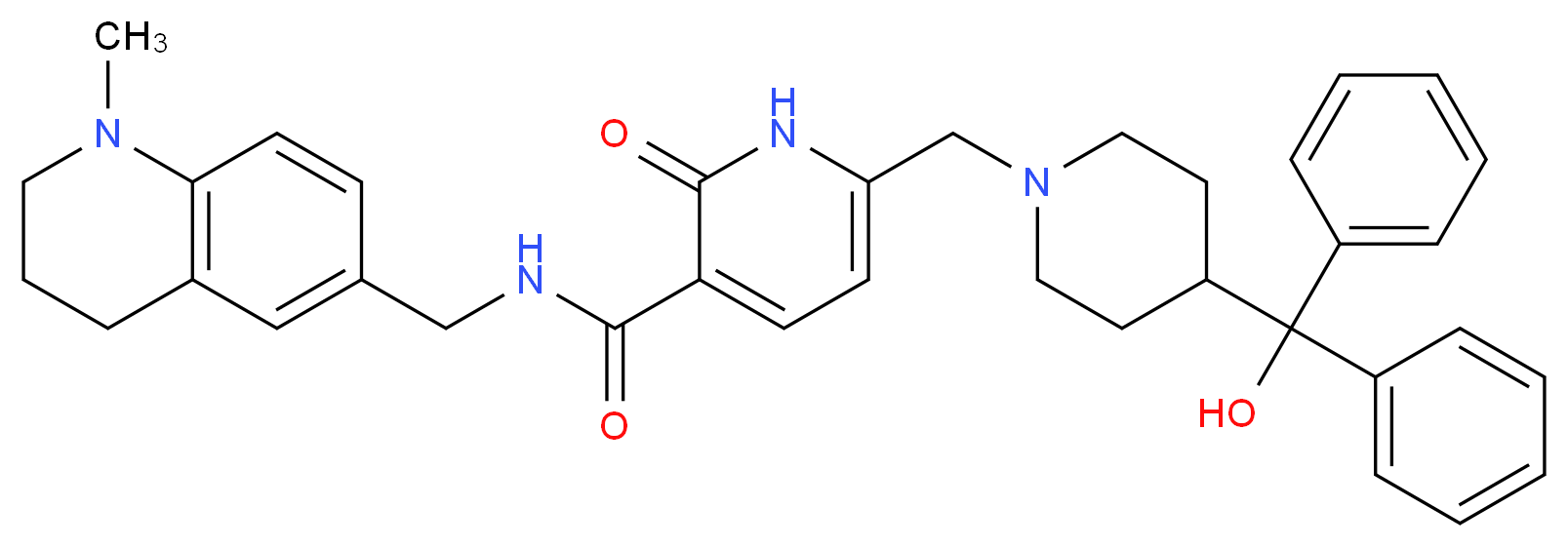 6-({4-[hydroxy(diphenyl)methyl]-1-piperidinyl}methyl)-N-[(1-methyl-1,2,3,4-tetrahydro-6-quinolinyl)methyl]-2-oxo-1,2-dihydro-3-pyridinecarboxamide_分子结构_CAS_)