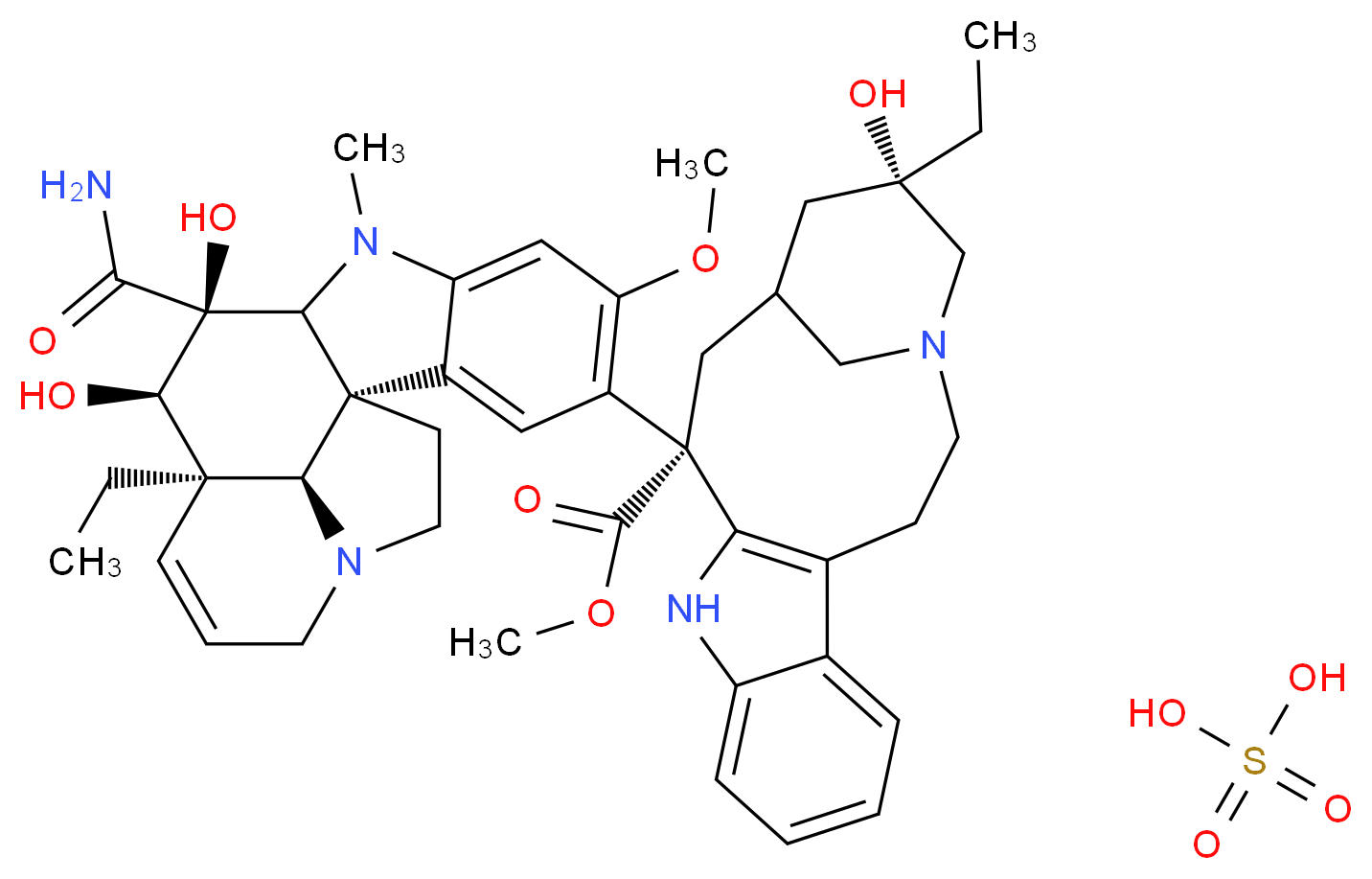 sulfuric acid methyl (13S,17S)-13-[(1R,10S,11R,12R,19R)-10-carbamoyl-12-ethyl-10,11-dihydroxy-5-methoxy-8-methyl-8,16-diazapentacyclo[10.6.1.0<sup>1</sup>,<sup>9</sup>.0<sup>2</sup>,<sup>7</sup>.0<sup>1</sup><sup>6</sup>,<sup>1</sup><sup>9</sup>]nonadeca-2,4,6,13-tetraen-4-yl]-17-ethyl-17-hydroxy-1,11-diazatetracyclo[13.3.1.0<sup>4</sup>,<sup>1</sup><sup>2</sup>.0<sup>5</sup>,<sup>1</sup><sup>0</sup>]nonadeca-4(12),5,7,9-tetraene-13-carboxylate_分子结构_CAS_59917-39-4
