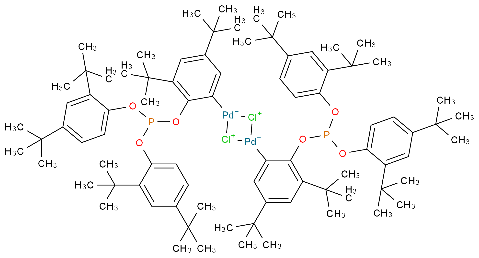 bis(2-{[bis(2,4-di-tert-butylphenoxy)phosphanyl]oxy}-3,5-di-tert-butylphenyl)cyclodipalladachlorane-1,3-bis(ylium)-2,4-diuide_分子结构_CAS_217189-40-7