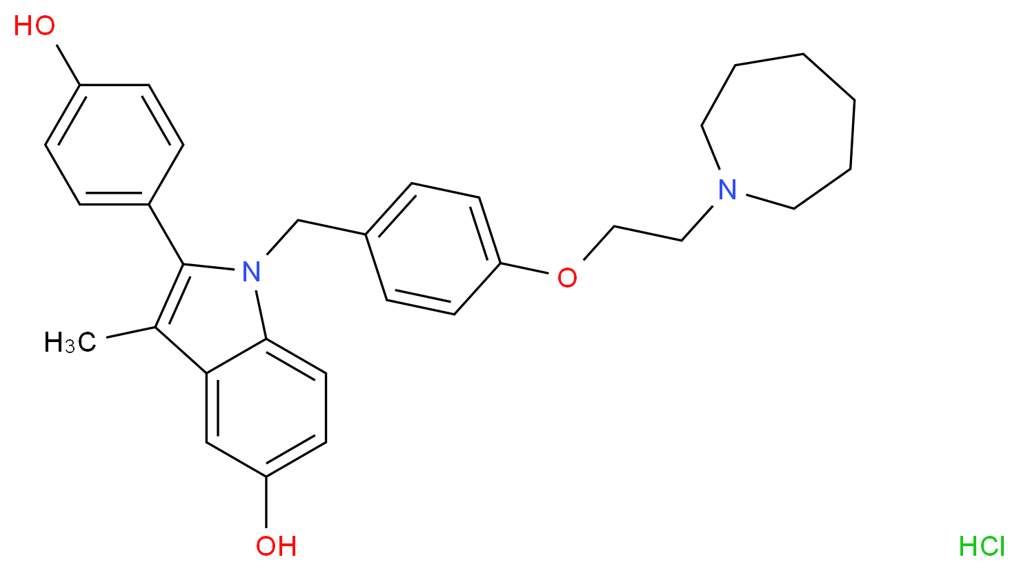 1-({4-[2-(azepan-1-yl)ethoxy]phenyl}methyl)-2-(4-hydroxyphenyl)-3-methyl-1H-indol-5-ol hydrochloride_分子结构_CAS_198480-56-7