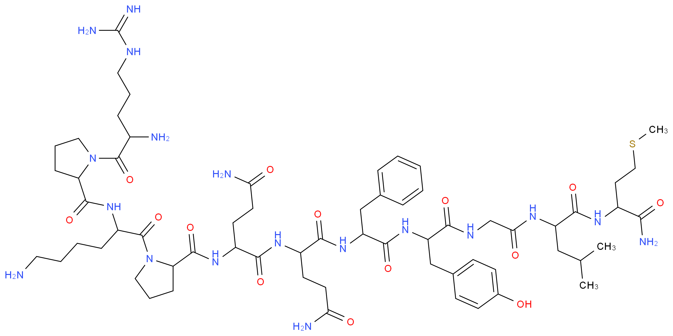 2-{[1-(6-amino-2-{[1-(2-amino-5-carbamimidamidopentanoyl)pyrrolidin-2-yl]formamido}hexanoyl)pyrrolidin-2-yl]formamido}-N-{3-carbamoyl-1-[(1-{[1-({[(1-{[1-carbamoyl-3-(methylsulfanyl)propyl]carbamoyl}-3-methylbutyl)carbamoyl]methyl}carbamoyl)-2-(4-hydroxyphenyl)ethyl]carbamoyl}-2-phenylethyl)carbamoyl]propyl}pentanediamide_分子结构_CAS_55614-10-3