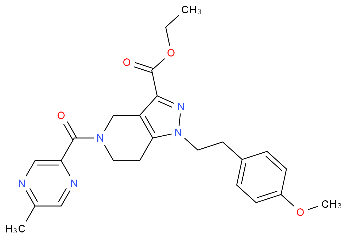 ethyl 1-[2-(4-methoxyphenyl)ethyl]-5-[(5-methyl-2-pyrazinyl)carbonyl]-4,5,6,7-tetrahydro-1H-pyrazolo[4,3-c]pyridine-3-carboxylate_分子结构_CAS_)