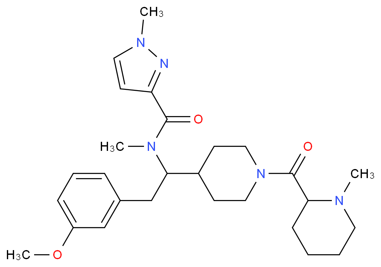 N-(2-(3-methoxyphenyl)-1-{1-[(1-methyl-2-piperidinyl)carbonyl]-4-piperidinyl}ethyl)-N,1-dimethyl-1H-pyrazole-3-carboxamide_分子结构_CAS_)
