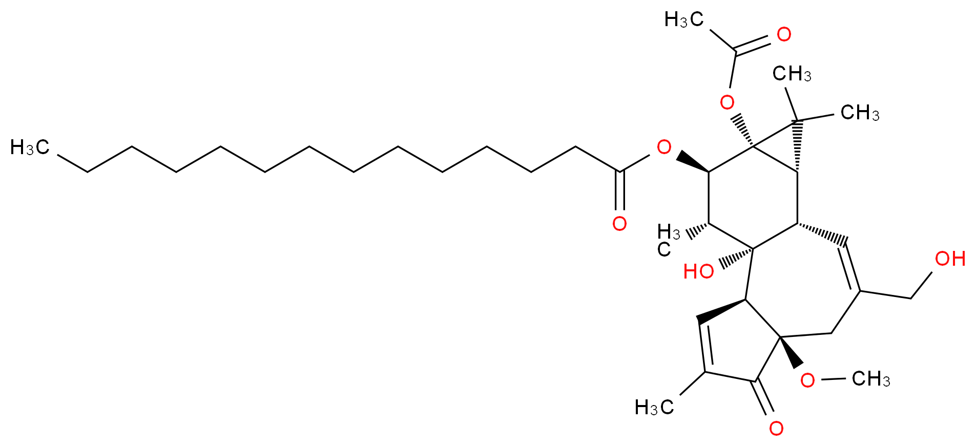 (1S,2S,6R,10S,11R,13S,14R,15R)-13-(acetyloxy)-1-hydroxy-8-(hydroxymethyl)-6-methoxy-4,12,12,15-tetramethyl-5-oxotetracyclo[8.5.0.0<sup>2</sup>,<sup>6</sup>.0<sup>1</sup><sup>1</sup>,<sup>1</sup><sup>3</sup>]pentadeca-3,8-dien-14-yl tetradecanoate_分子结构_CAS_57716-89-9