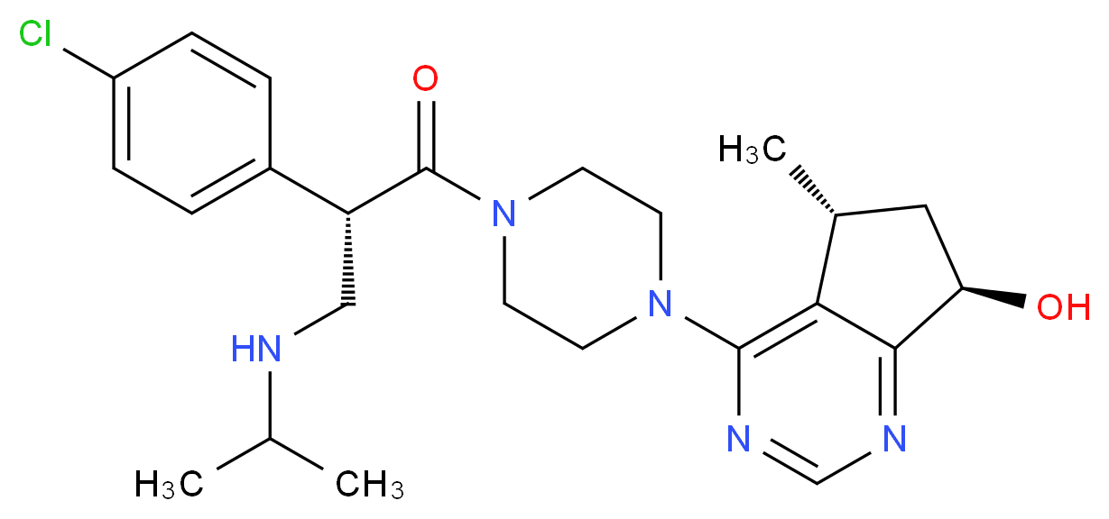 (2S)-2-(4-chlorophenyl)-1-{4-[(5R,7R)-7-hydroxy-5-methyl-5H,6H,7H-cyclopenta[d]pyrimidin-4-yl]piperazin-1-yl}-3-[(propan-2-yl)amino]propan-1-one_分子结构_CAS_1001264-89-6