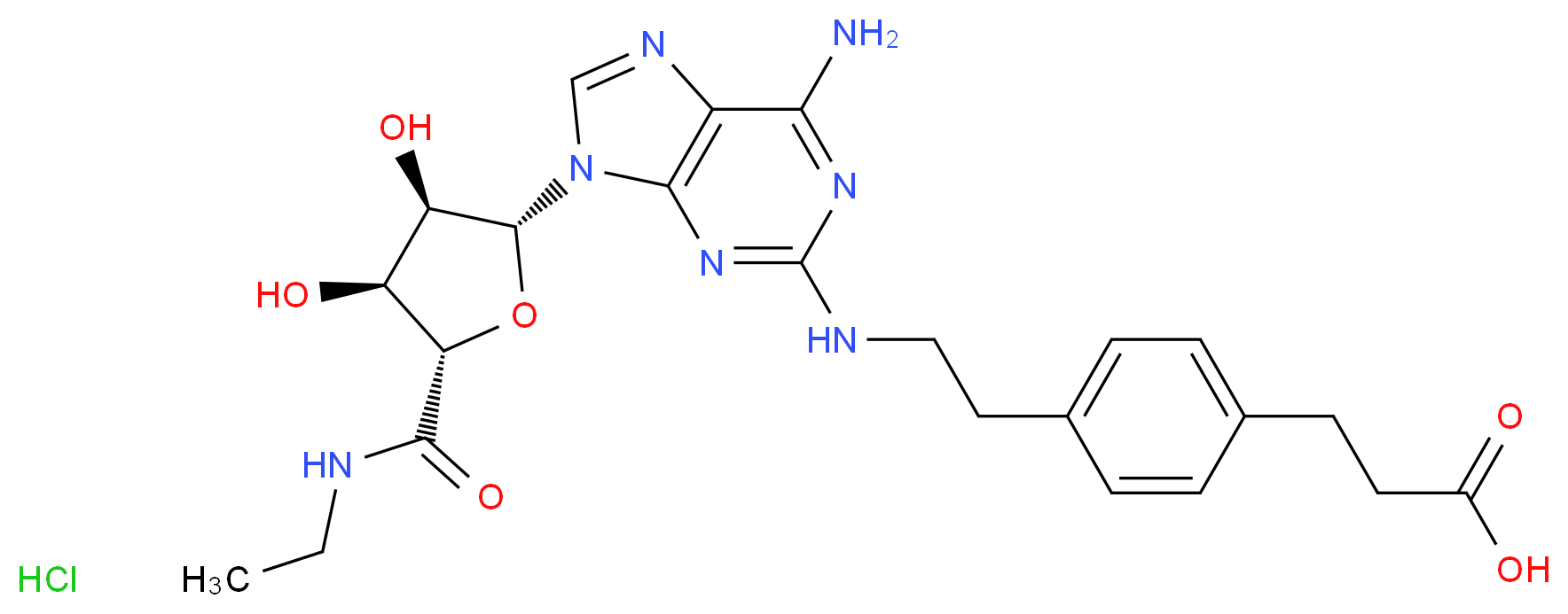 3-{4-[2-({6-amino-9-[(2R,3R,4S,5S)-5-(ethylcarbamoyl)-3,4-dihydroxyoxolan-2-yl]-9H-purin-2-yl}amino)ethyl]phenyl}propanoic acid hydrochloride_分子结构_CAS_124431-80-7