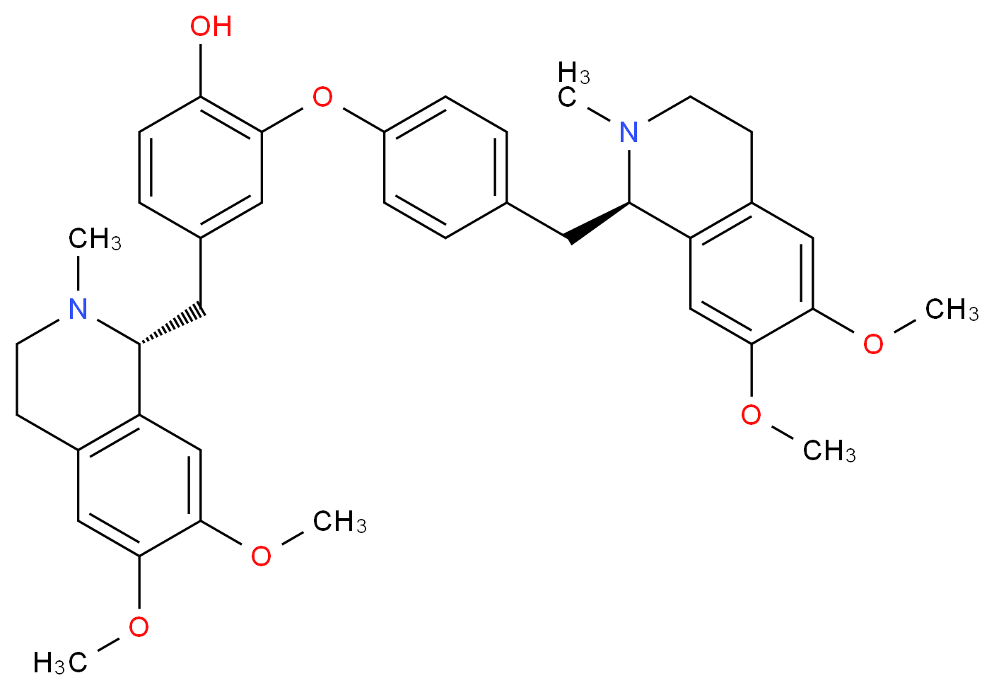 4-{[(1R)-6,7-dimethoxy-2-methyl-1,2,3,4-tetrahydroisoquinolin-1-yl]methyl}-2-(4-{[(1R)-6,7-dimethoxy-2-methyl-1,2,3,4-tetrahydroisoquinolin-1-yl]methyl}phenoxy)phenol_分子结构_CAS_524-17-4