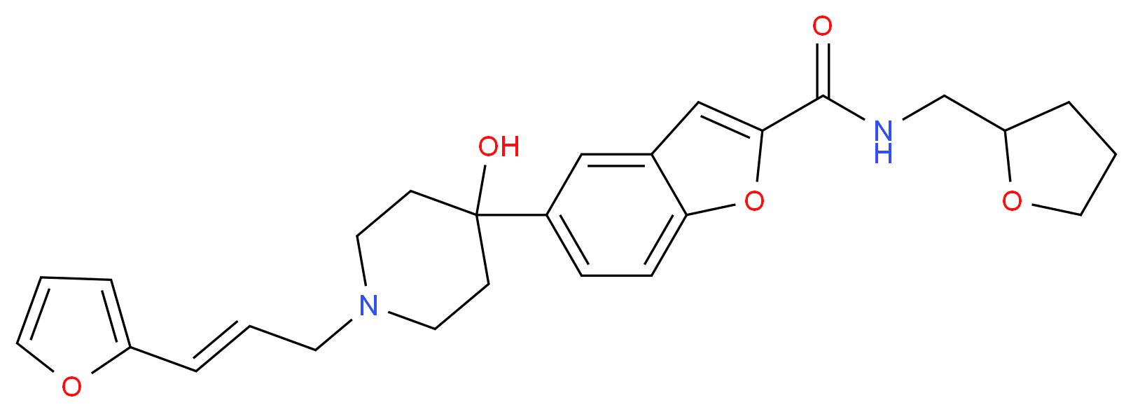 5-{1-[(2E)-3-(2-furyl)-2-propen-1-yl]-4-hydroxy-4-piperidinyl}-N-(tetrahydro-2-furanylmethyl)-1-benzofuran-2-carboxamide_分子结构_CAS_)