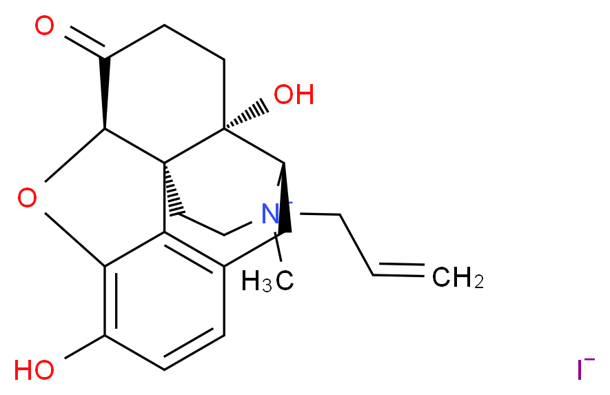 (1S,5R,13R,17S)-10,17-dihydroxy-4-methyl-14-oxo-4-(prop-2-en-1-yl)-12-oxa-4-azapentacyclo[9.6.1.0<sup>1</sup>,<sup>1</sup><sup>3</sup>.0<sup>5</sup>,<sup>1</sup><sup>7</sup>.0<sup>7</sup>,<sup>1</sup><sup>8</sup>]octadeca-7(18),8,10-trien-4-ium iodide_分子结构_CAS_93302-47-7
