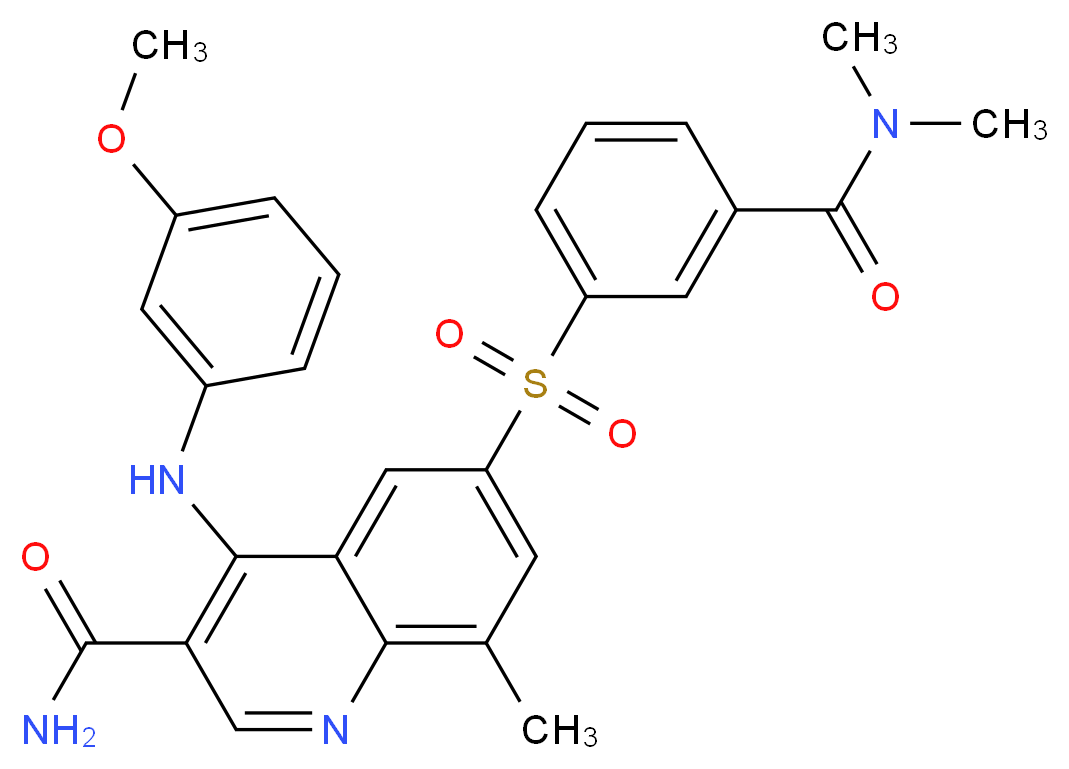 6-[3-(dimethylcarbamoyl)benzenesulfonyl]-4-[(3-methoxyphenyl)amino]-8-methylquinoline-3-carboxamide_分子结构_CAS_801312-28-7