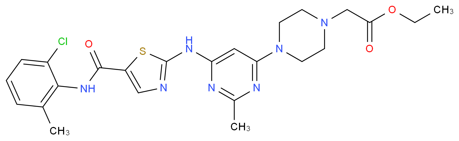 ethyl 2-{4-[6-({5-[(2-chloro-6-methylphenyl)carbamoyl]-1,3-thiazol-2-yl}amino)-2-methylpyrimidin-4-yl]piperazin-1-yl}acetate_分子结构_CAS_910297-62-0