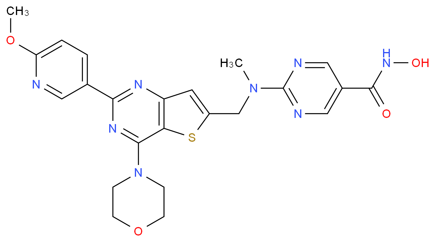 N-hydroxy-2-({[2-(6-methoxypyridin-3-yl)-4-(morpholin-4-yl)thieno[3,2-d]pyrimidin-6-yl]methyl}(methyl)amino)pyrimidine-5-carboxamide_分子结构_CAS_1339928-25-4