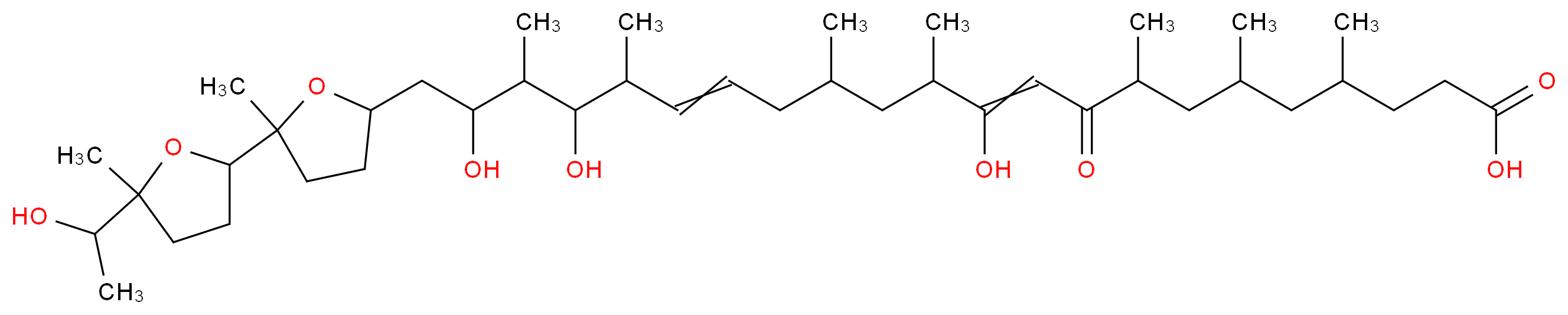 11,19,21-trihydroxy-22-{5-[5-(1-hydroxyethyl)-5-methyloxolan-2-yl]-5-methyloxolan-2-yl}-4,6,8,12,14,18,20-heptamethyl-9-oxodocosa-10,16-dienoic acid_分子结构_CAS_56092-81-0