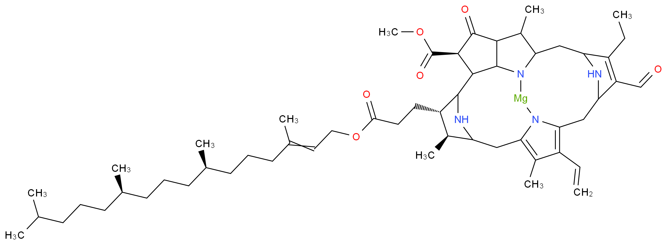 methyl (5R,8S,9S)-14-ethenyl-19-ethyl-18-formyl-9,13,25-trimethyl-4-oxo-8-(3-oxo-3-{[(7R,11R)-3,7,11,15-tetramethylhexadec-2-en-1-yl]oxy}propyl)-1,24,26,27-tetraaza-23-magnesaheptacyclo[10.10.2.1<sup>3</sup>,<sup>2</sup><sup>2</sup>.1<sup>7</sup>,<sup>1</sup><sup>0</sup>.1<sup>1</sup><sup>7</sup>,<sup>2</sup><sup>0</sup>.0<sup>2</sup>,<sup>6</sup>.0<sup>1</sup><sup>5</sup>,<sup>2</sup><sup>4</sup>]heptacosa-12,14,18-triene-5-carboxylate_分子结构_CAS_519-62-0