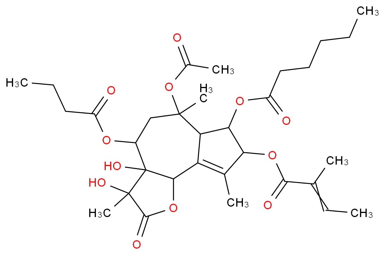6-(acetyloxy)-4-(butanoyloxy)-3,3a-dihydroxy-3,6,9-trimethyl-8-[(2-methylbut-2-enoyl)oxy]-2-oxo-2H,3H,3aH,4H,5H,6H,6aH,7H,8H,9bH-azuleno[4,5-b]furan-7-yl hexanoate_分子结构_CAS_67526-94-7
