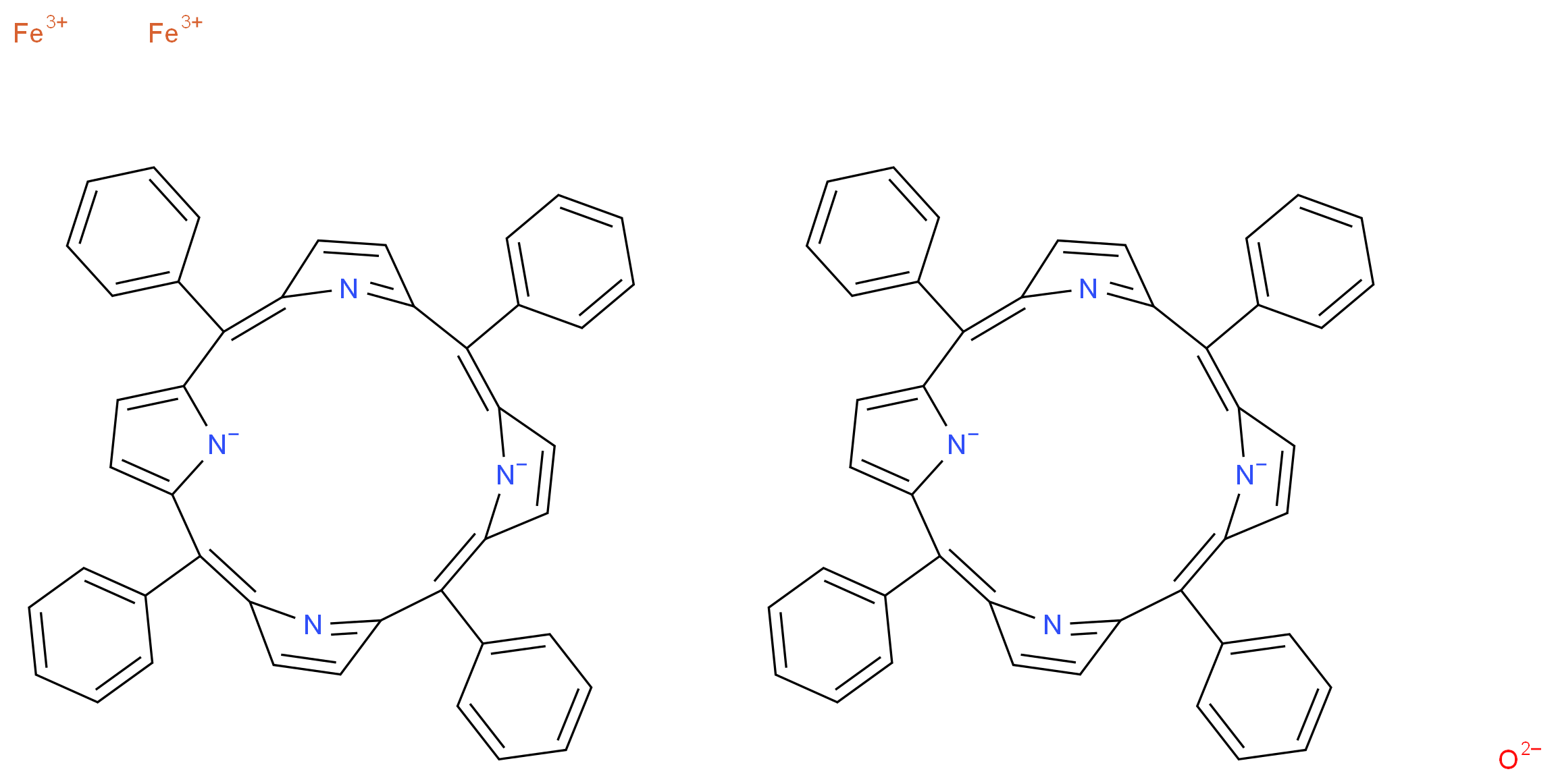 diiron(3+) ion bis(2,7,12,17-tetraphenyl-21,22,23,24-tetraazapentacyclo[16.2.1.1<sup>3</sup>,<sup>6</sup>.1<sup>8</sup>,<sup>1</sup><sup>1</sup>.1<sup>1</sup><sup>3</sup>,<sup>1</sup><sup>6</sup>]tetracosa-1,3(24),4,6,8,10,12,14,16(22),17,19-undecaene-21,23-diide) oxidandiide_分子结构_CAS_12582-61-5