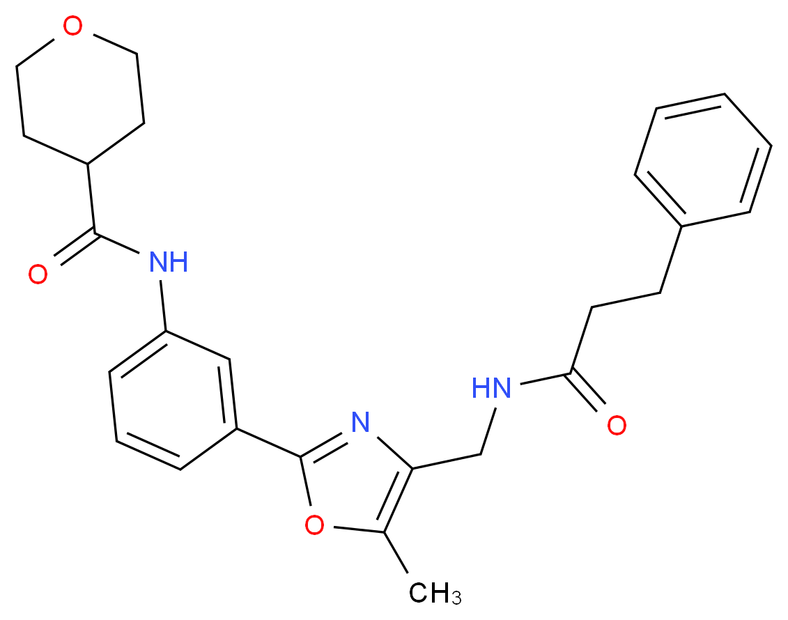 N-[3-(5-methyl-4-{[(3-phenylpropanoyl)amino]methyl}-1,3-oxazol-2-yl)phenyl]tetrahydro-2H-pyran-4-carboxamide_分子结构_CAS_)