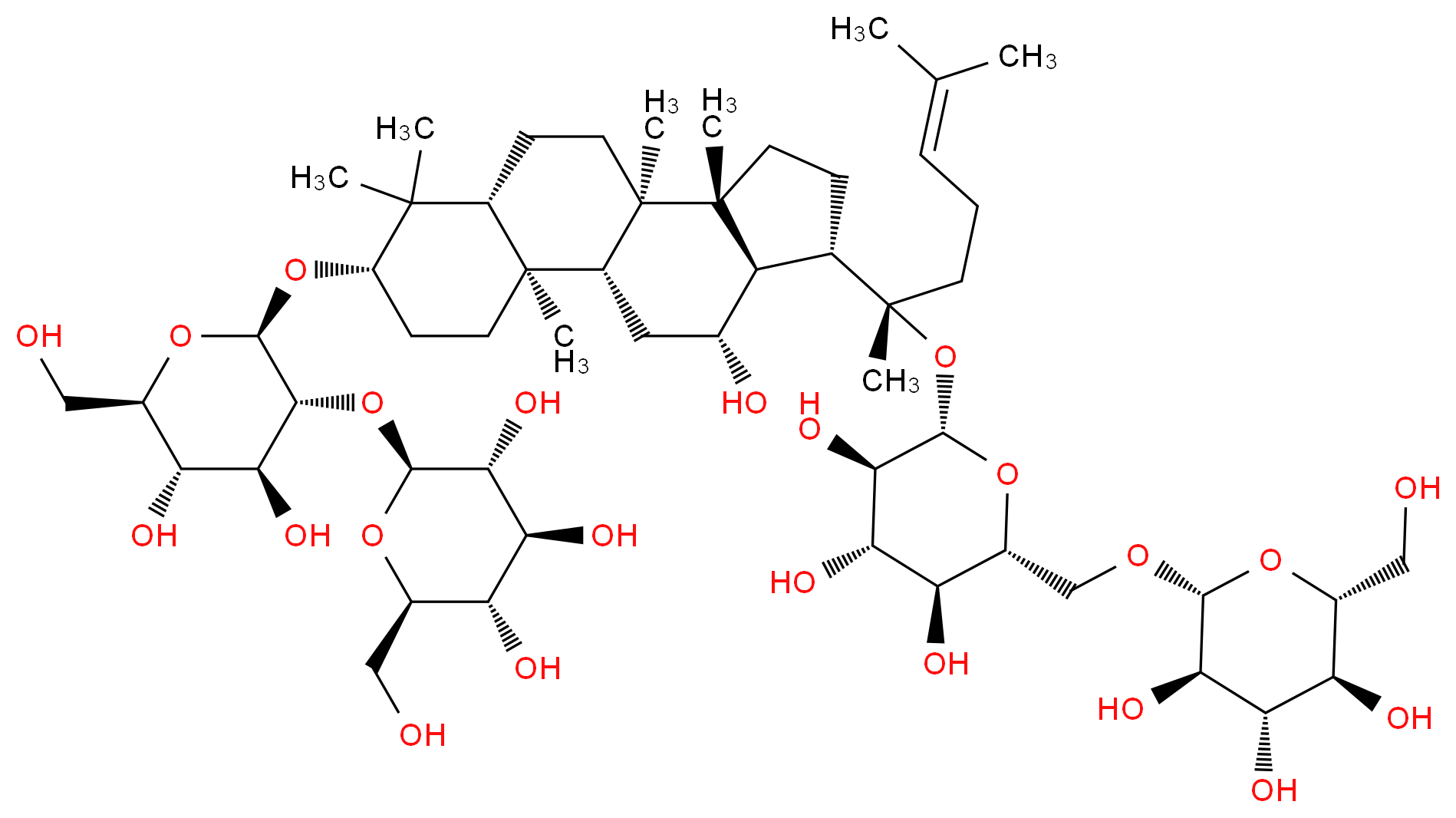 (2S,3R,4S,5S,6R)-2-{[(2R,3R,4S,5S,6R)-4,5-dihydroxy-2-{[(1R,2R,5S,7R,10R,11R,14S,15R,16R)-16-hydroxy-2,6,6,10,11-pentamethyl-14-[(2S)-6-methyl-2-{[(2S,3R,4S,5S,6R)-3,4,5-trihydroxy-6-({[(2R,3R,4S,5S,6R)-3,4,5-trihydroxy-6-(hydroxymethyl)oxan-2-yl]oxy}methyl)oxan-2-yl]oxy}hept-5-en-2-yl]tetracyclo[8.7.0.0<sup>2</sup>,<sup>7</sup>.0<sup>1</sup><sup>1</sup>,<sup>1</sup><sup>5</sup>]heptadecan-5-yl]oxy}-6-(hydroxymethyl)oxan-3-yl]oxy}-6-(hydroxymethyl)oxane-3,4,5-triol_分子结构_CAS_41753-43-9