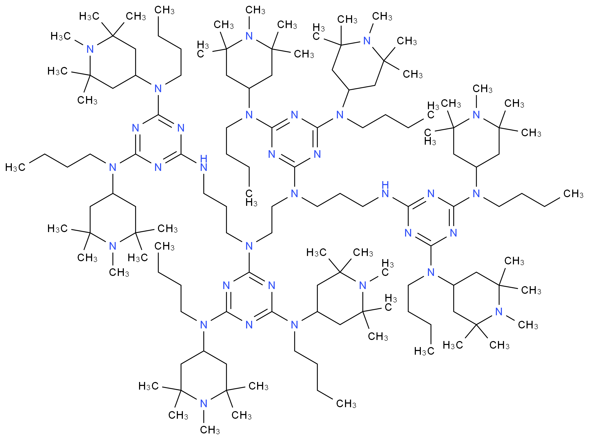 2-N,4-N-dibutyl-2-N,4-N-bis(1,2,2,6,6-pentamethylpiperidin-4-yl)-6-[5,8,12-tris({bis[butyl(1,2,2,6,6-pentamethylpiperidin-4-yl)amino]-1,3,5-triazin-2-yl})-1,5,8,12-tetraazadodecan-1-yl]-1,3,5-triazine-2,4-diamine_分子结构_CAS_106990-43-6