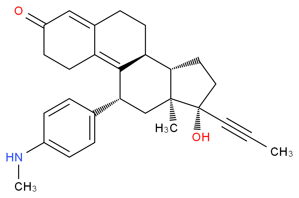 (10S,11S,14S,15S,17R)-14-hydroxy-15-methyl-17-[4-(methylamino)phenyl]-14-(prop-1-yn-1-yl)tetracyclo[8.7.0.0<sup>2</sup>,<sup>7</sup>.0<sup>1</sup><sup>1</sup>,<sup>1</sup><sup>5</sup>]heptadeca-1,6-dien-5-one_分子结构_CAS_104004-96-8