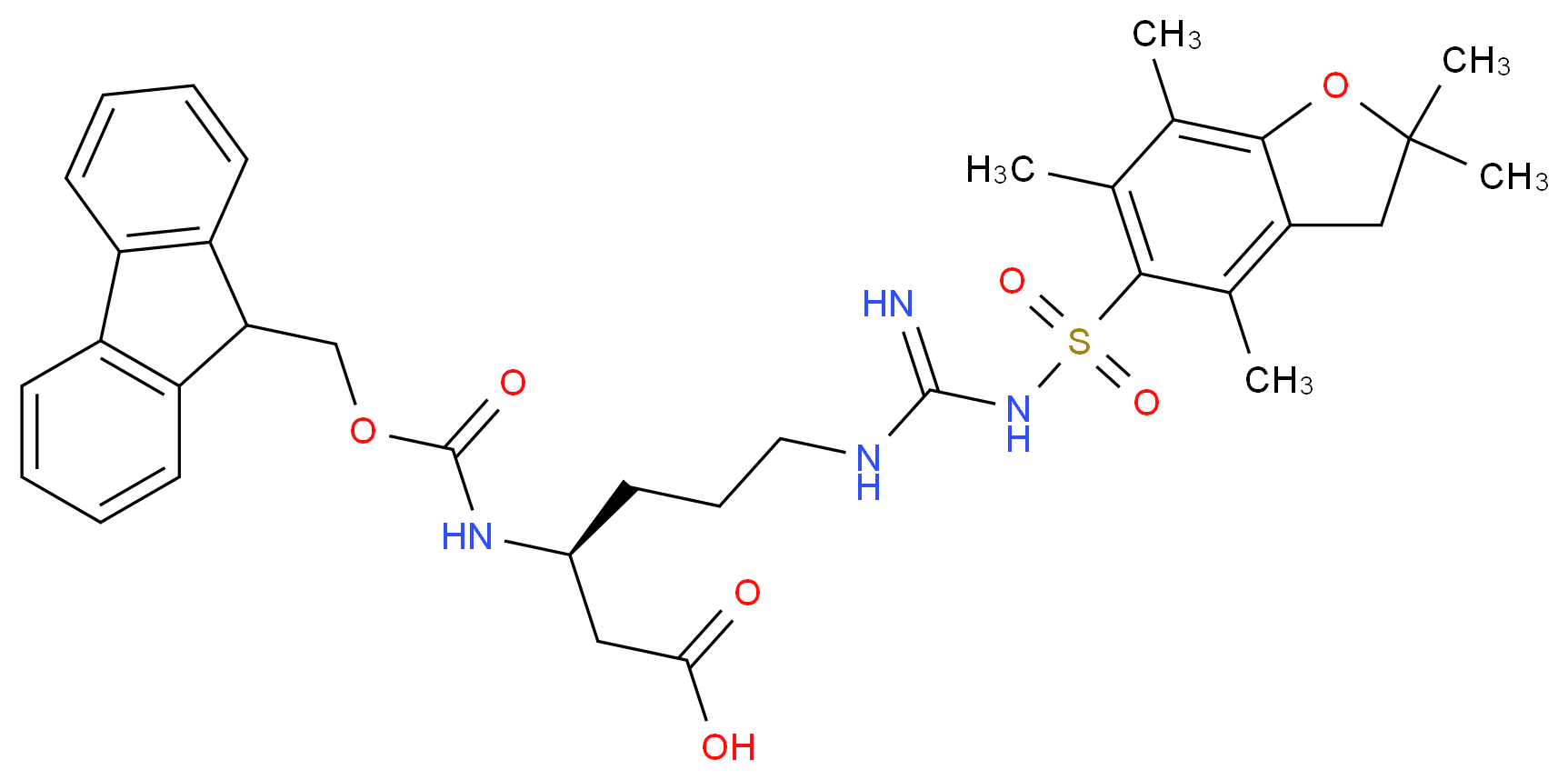 (3S)-3-{[(9H-fluoren-9-ylmethoxy)carbonyl]amino}-6-{3-[(2,2,4,6,7-pentamethyl-2,3-dihydro-1-benzofuran-5-yl)sulfonyl]carbamimidamido}hexanoic acid_分子结构_CAS_401915-53-5