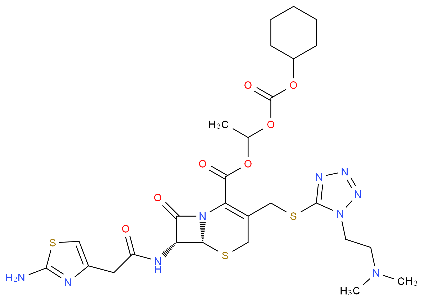 1-{[(cyclohexyloxy)carbonyl]oxy}ethyl (6R,7R)-7-[2-(2-amino-1,3-thiazol-4-yl)acetamido]-3-[({1-[2-(dimethylamino)ethyl]-1H-1,2,3,4-tetrazol-5-yl}sulfanyl)methyl]-8-oxo-5-thia-1-azabicyclo[4.2.0]oct-2-ene-2-carboxylate_分子结构_CAS_95789-30-3