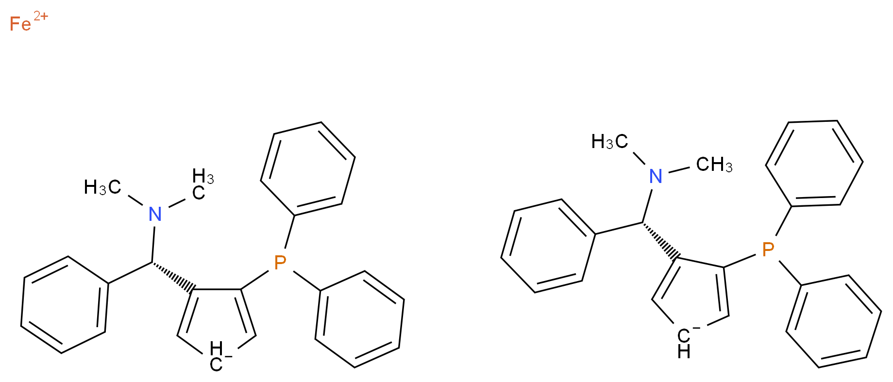 λ<sup>2</sup>-iron(2+) ion bis(3-[(S)-(dimethylamino)(phenyl)methyl]-4-(diphenylphosphanyl)cyclopenta-2,4-dien-1-ide)_分子结构_CAS_223725-09-5