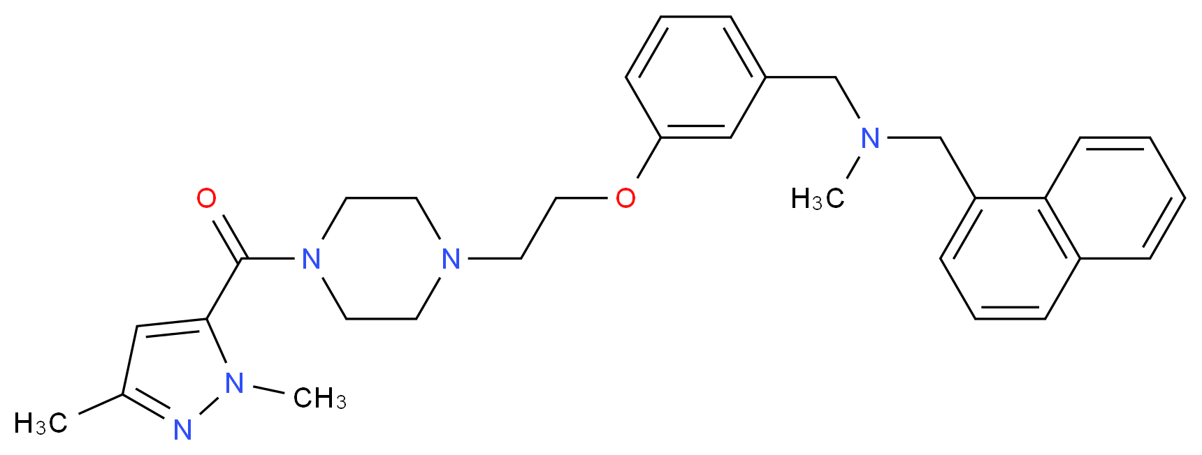 1-[3-(2-{4-[(1,3-dimethyl-1H-pyrazol-5-yl)carbonyl]-1-piperazinyl}ethoxy)phenyl]-N-methyl-N-(1-naphthylmethyl)methanamine_分子结构_CAS_)