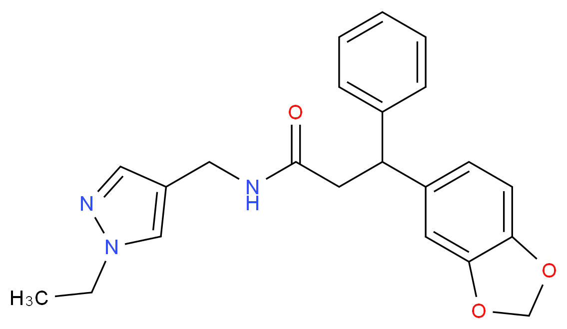 3-(1,3-benzodioxol-5-yl)-N-[(1-ethyl-1H-pyrazol-4-yl)methyl]-3-phenylpropanamide_分子结构_CAS_)
