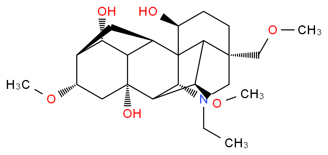 (1S,2R,3R,4S,5S,6S,8R,10R,13S,16S,17R,18R)-11-ethyl-6,18-dimethoxy-13-(methoxymethyl)-11-azahexacyclo[7.7.2.1<sup>2</sup>,<sup>5</sup>.0<sup>1</sup>,<sup>1</sup><sup>0</sup>.0<sup>3</sup>,<sup>8</sup>.0<sup>1</sup><sup>3</sup>,<sup>1</sup><sup>7</sup>]nonadecane-4,8,16-triol_分子结构_CAS_466-26-2