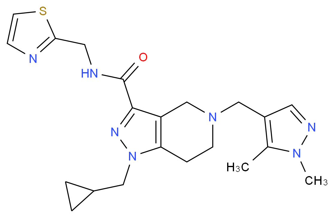 1-(cyclopropylmethyl)-5-[(1,5-dimethyl-1H-pyrazol-4-yl)methyl]-N-(1,3-thiazol-2-ylmethyl)-4,5,6,7-tetrahydro-1H-pyrazolo[4,3-c]pyridine-3-carboxamide_分子结构_CAS_)