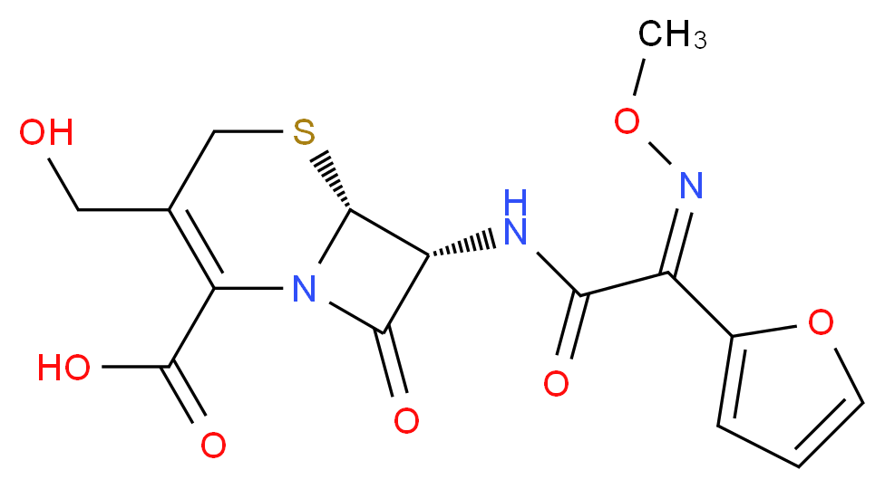 (6R,7R)-7-[(2Z)-2-(furan-2-yl)-2-(methoxyimino)acetamido]-3-(hydroxymethyl)-8-oxo-5-thia-1-azabicyclo[4.2.0]oct-2-ene-2-carboxylic acid_分子结构_CAS_56271-94-4