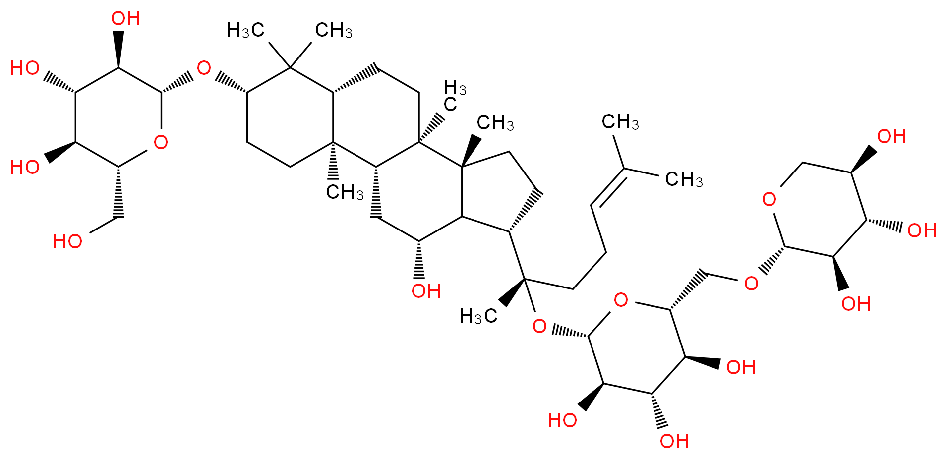 (2R,3R,4S,5S,6R)-2-{[(1R,2R,5S,7R,10R,11R,14S,15R,16R)-16-hydroxy-2,6,6,10,11-pentamethyl-14-[(2S)-6-methyl-2-{[(2S,3R,4S,5S,6R)-3,4,5-trihydroxy-6-({[(2S,3R,4S,5R)-3,4,5-trihydroxyoxan-2-yl]oxy}methyl)oxan-2-yl]oxy}hept-5-en-2-yl]tetracyclo[8.7.0.0^{2,7}.0^{11,15}]heptadecan-5-yl]oxy}-6-(hydroxymethyl)oxane-3,4,5-triol_分子结构_CAS_80321-63-7