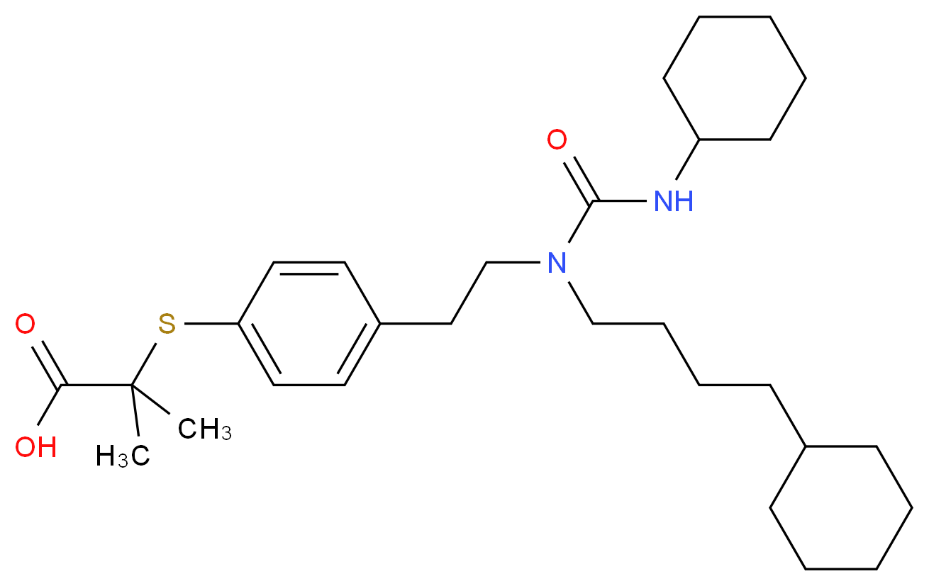 2-[(4-{2-[(4-cyclohexylbutyl)(cyclohexylcarbamoyl)amino]ethyl}phenyl)sulfanyl]-2-methylpropanoic acid_分子结构_CAS_265129-71-3