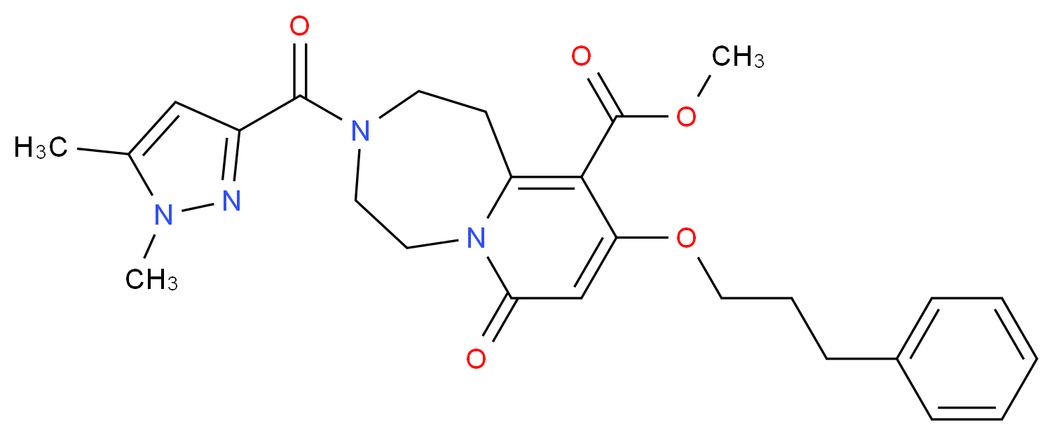methyl 3-[(1,5-dimethyl-1H-pyrazol-3-yl)carbonyl]-7-oxo-9-(3-phenylpropoxy)-1,2,3,4,5,7-hexahydropyrido[1,2-d][1,4]diazepine-10-carboxylate_分子结构_CAS_)